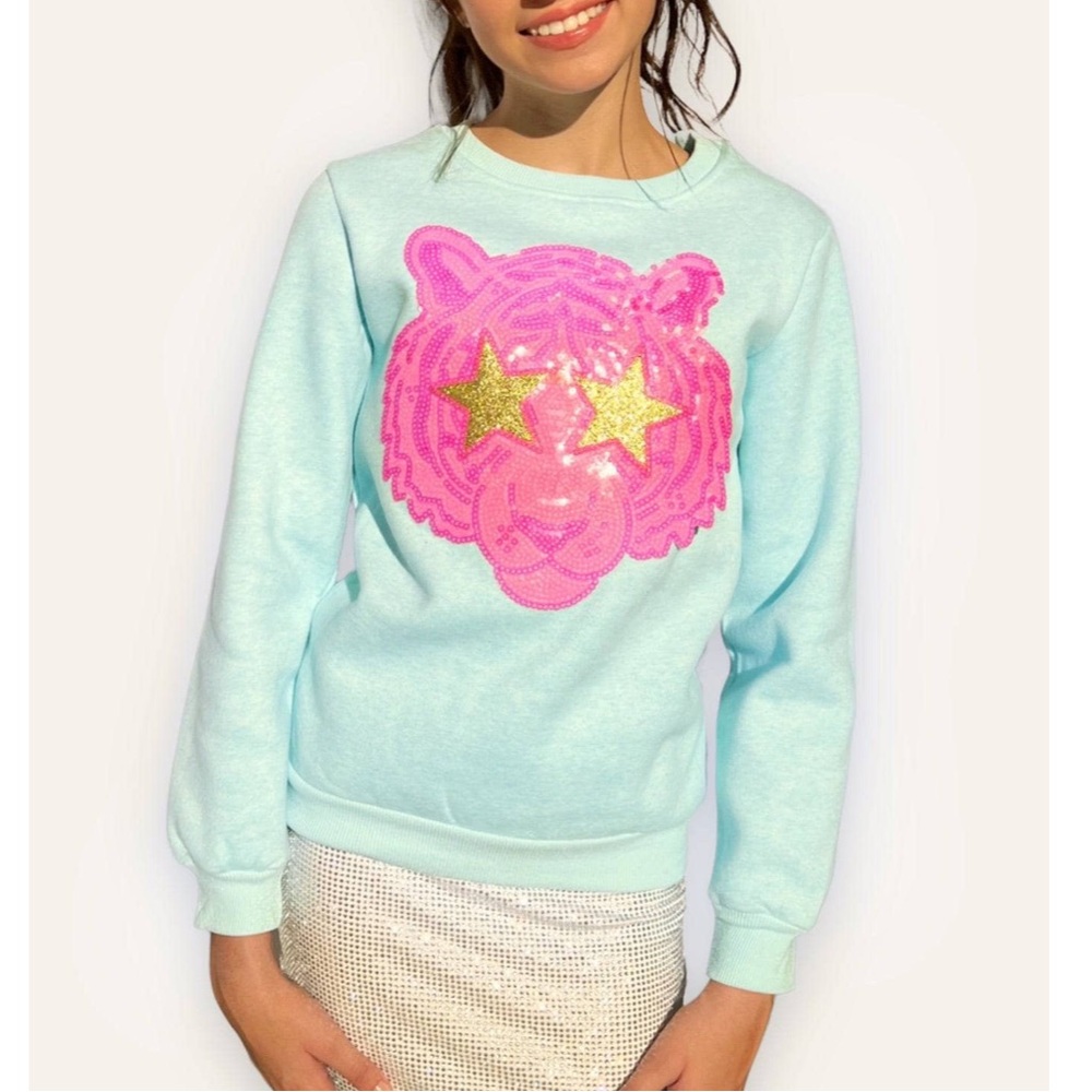 Lola + The Boys Light Blue Sweatshirt with Pink Tiger and Gold Stars